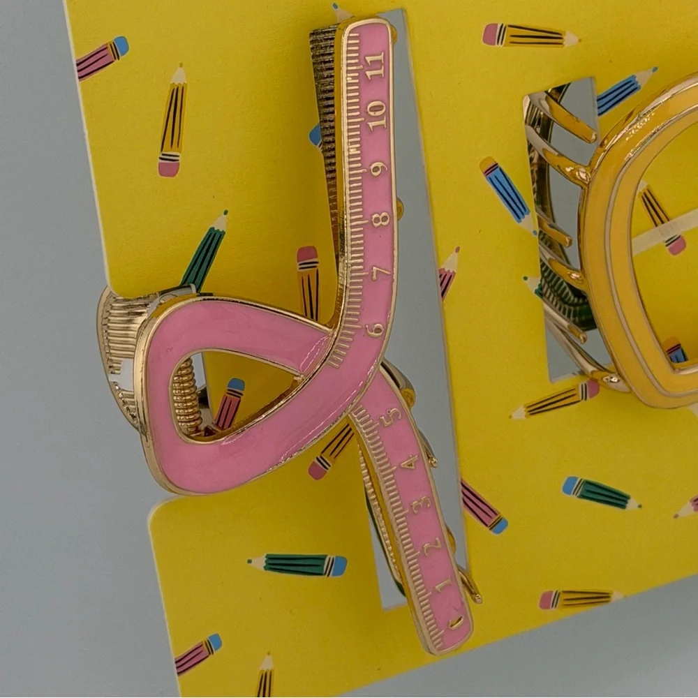 Piper K Back to School Ruler Pencil Claw Clip Gold Tone - Set of 2